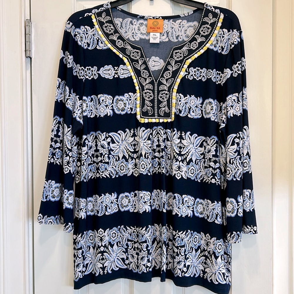 Ruby Rd. Navy Floral Soft Polyester Blouse w Fringe Neck Detail NWOT Sz. PXL